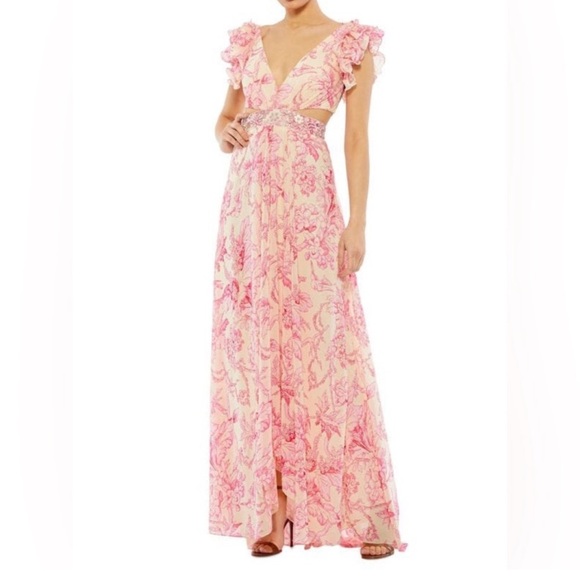 Mac Duggal 9161 Floral Ruffle Shoulder Lace Up Gown Size 2 Pink - Picture 8 of 16